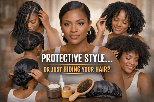 Protective hairstyles including braids, twists, and natural curls with hair care tools, illustrating the difference between true protective styling and simply hiding hair. 